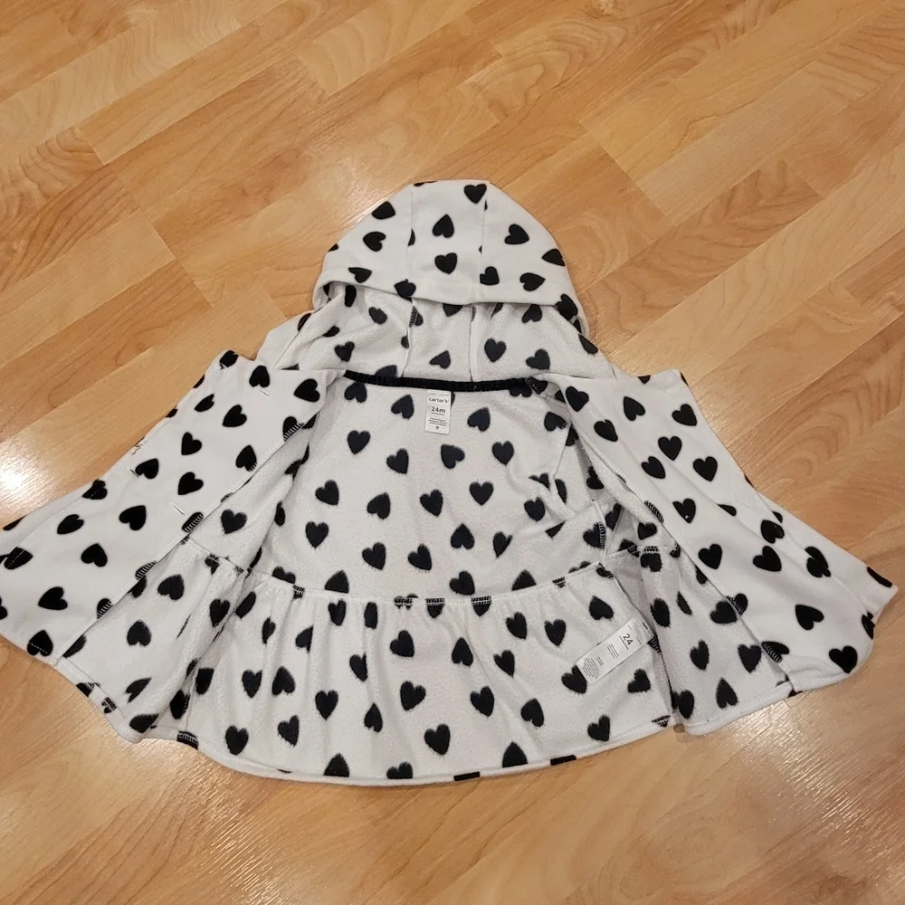 Carter's White Hooded Fleece Coat with Black Heart Print Size 24 Months